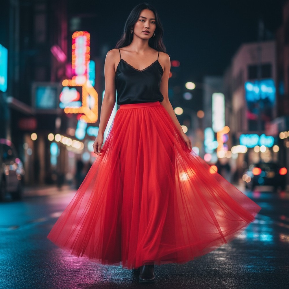 Blondie Nites Maxi Skirt Womens 3 Red Tulle Lace Waist Ball Gown Formal Romantic